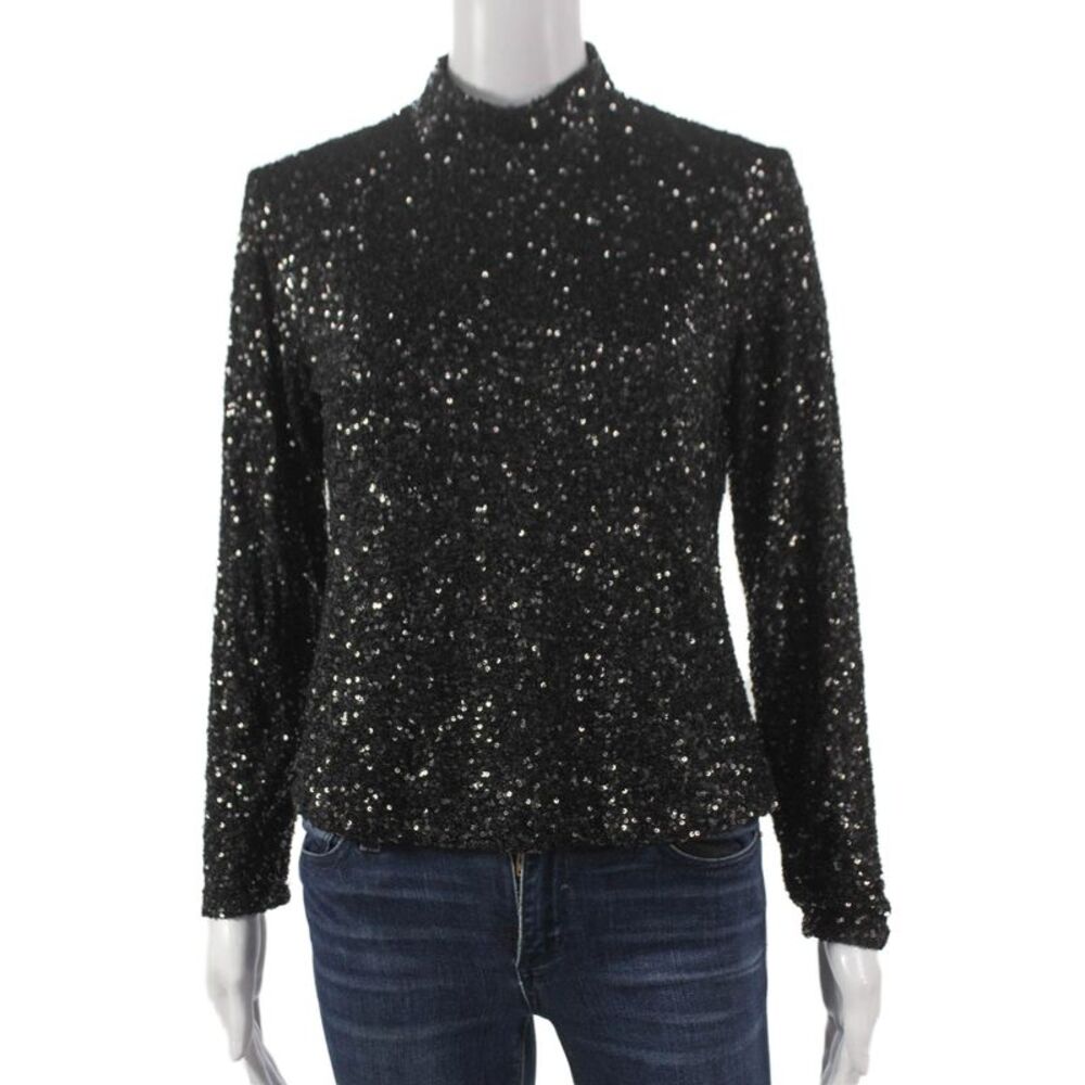 Insight Womens Mock Neck Long Sleeve Blouse Black Polyester Zip Size XS
